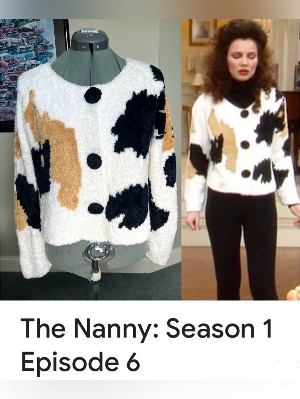 RARE Michael Simon Cow L XL Sweater Cardigan Fran Dresher The Nanny Vintage